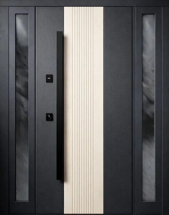 Железная входная дверь графит с белой вставкой и остеклением №48