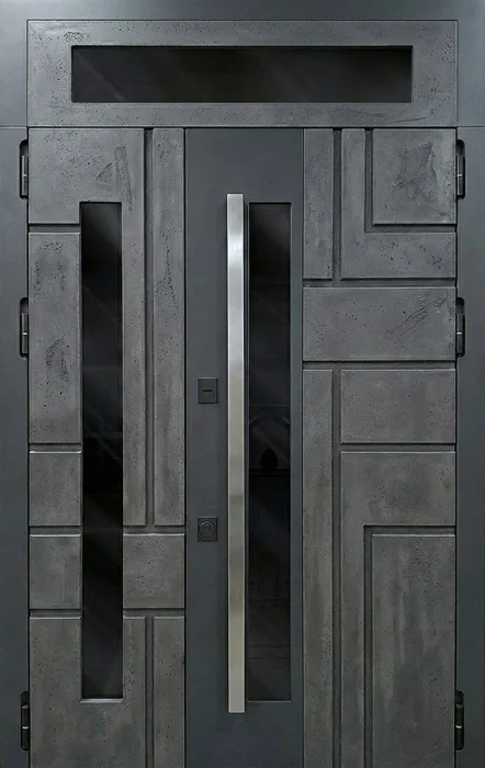 Входная дверь графитовая в отделке бетон со стеклопакетом и фрамугой №114