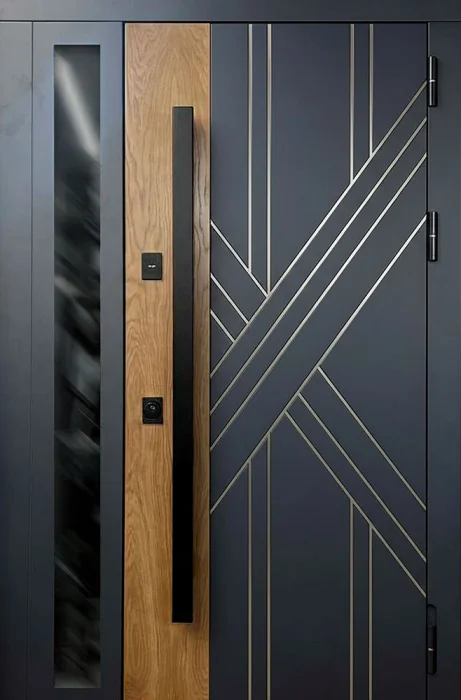 Стальная дверь антрацит с диагональной накладкой и боковым остеклением №66