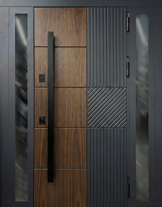 Стальная входная дверь графит с деревом и боковым остеклением №45