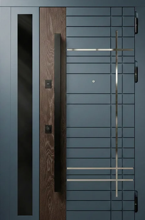 Металлическая дверь со стеклопакетом и вставкой под дуб для дома №112