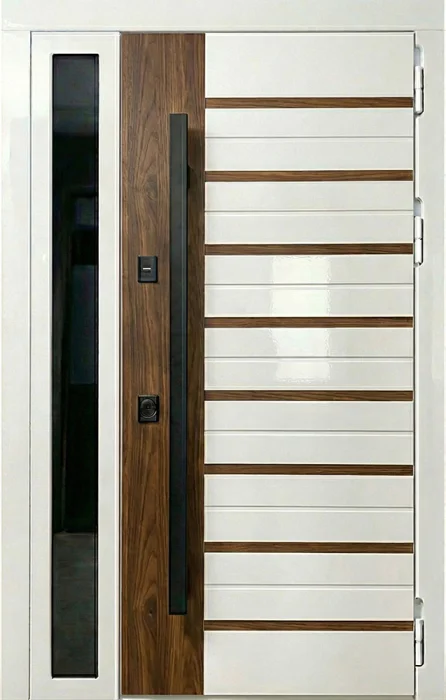 Стальная белая глянцевая дверь с боковым стеклом и деревом №135