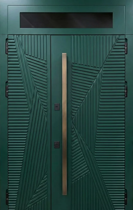 Стальная дверь зелёная с диагональной фрезеровкой и верхним стеклом №106