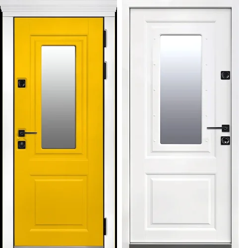 Жёлтая входная дверь с белыми наличниками №2