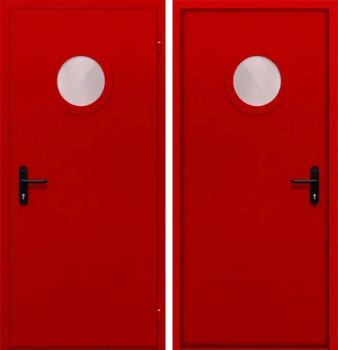 Противопожарная дверь однопольная с круглым стеклом красная №5