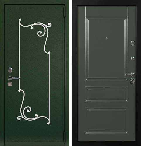 Входная дверь зелёного цвета с ковкой  №6